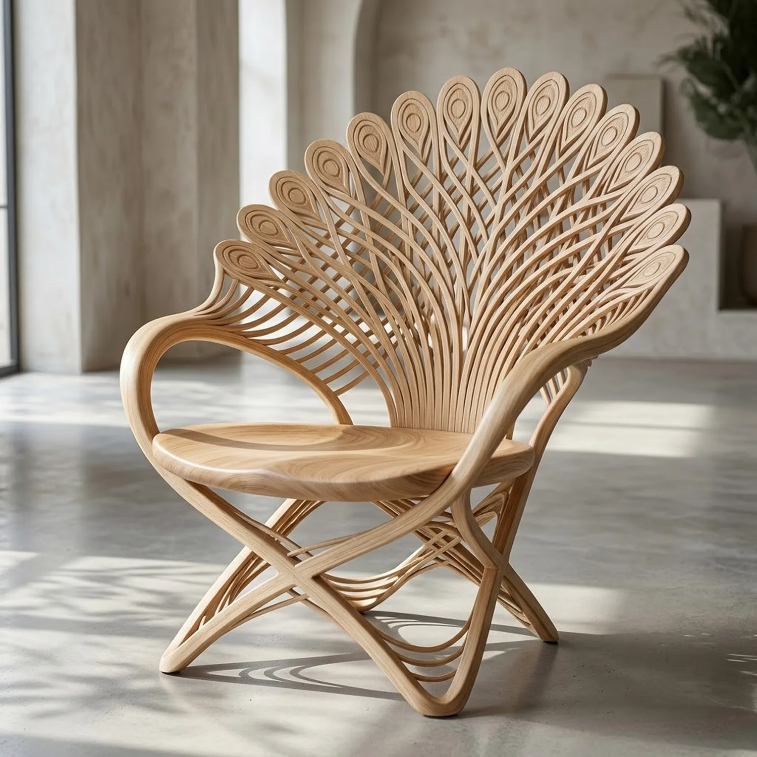 Wood Peacock Lattice Chair Elegant Botanical Feather Motif Interior Decor